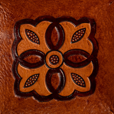Tooled leather catchall, 'Colonial Florals' - Brown Hand Tooled Leather Catchall Plate from Peru