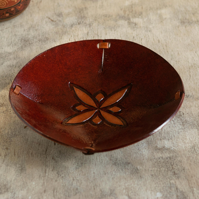 Leather catchall, 'Gothic Star' - Star Motif Hand Tooled Brown Leather Catchall from Peru
