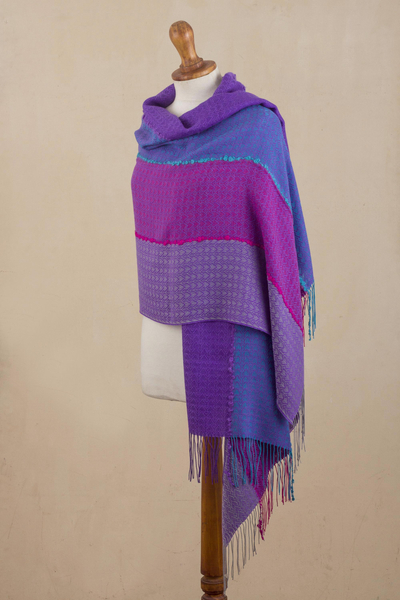 Baby alpaca blend shawl, 'Violet Sunsets' - Hand Woven Alpaca Blend Jacquard Shawl Scarf from Peru