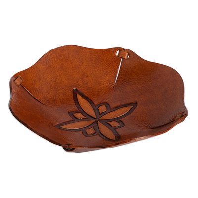 Leather catchall, 'Andean Flower' - Pure Leather Catchall with Floral Design from Peru