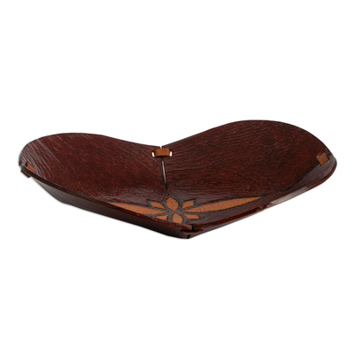 Tooled leather catchall, 'Redwood Floral' - Hand Tooled Leather Catchall Plate from Peru