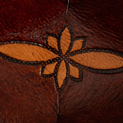 Tooled leather catchall, 'Redwood Floral' - Hand Tooled Leather Catchall Plate from Peru
