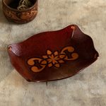 Tooled leather catchall, 'Redwood Gothic' - Tooled Leather Rectangular Brown Catchall Plate from Peru
