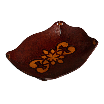 Tooled Leather Rectangular Brown Catchall Plate from Peru