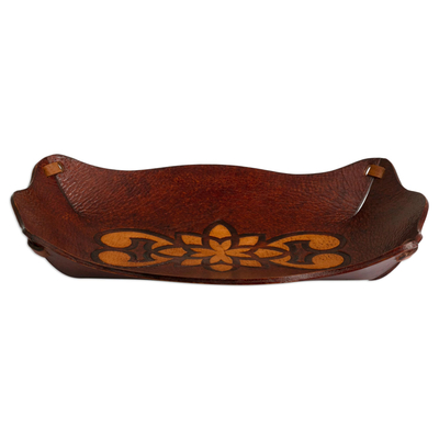 Tooled leather catchall, 'Redwood Gothic' - Tooled Leather Rectangular Brown Catchall Plate from Peru
