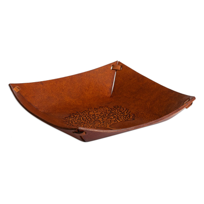 Tooled leather catchall, 'Sienna Tree' - Squared Brown Hand Tooled Leather Catchall from Peru