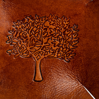 Tooled leather catchall, 'Sienna Tree' - Squared Brown Hand Tooled Leather Catchall from Peru