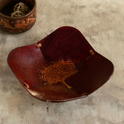 Leather catchall, 'Blooming Tree' - Brown Tree Motif Hand Tooled Leather Catchall from Peru