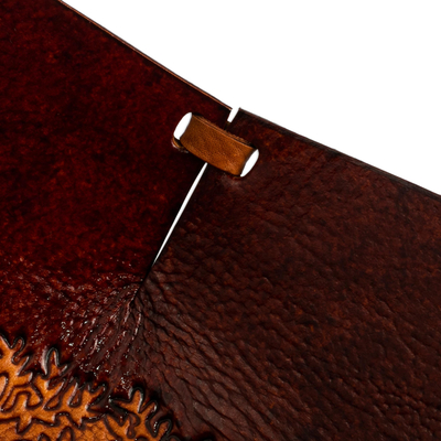 Leather catchall, 'Blooming Tree' - Brown Tree Motif Hand Tooled Leather Catchall from Peru