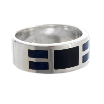 Men's sodalite and obsidian band ring, 'Nocturno' - Men's Sterling Silver, Obsidian and Sodalite Ring from Peru