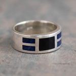 Men's sodalite and obsidian band ring, 'Nocturno' - Men's Sterling Silver, Obsidian and Sodalite Ring from Peru
