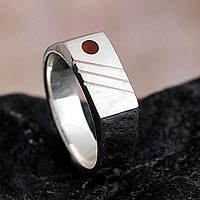 Men's carnelian signet ring, 'Orange Vision' - Men's Sterling Silver and Carnelian Geometric Ring from Peru