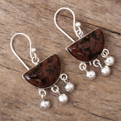 Obsidian chandelier earrings, 'Universe in Brown' - Sterling Silver Brown Obsidian Chandelier Earrings from Peru