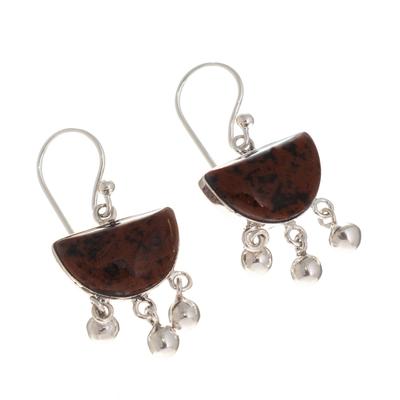 Kronleuchter-Ohrringe aus Obsidian - Kronleuchter-Ohrringe aus braunem Obsidian aus Sterlingsilber aus Peru