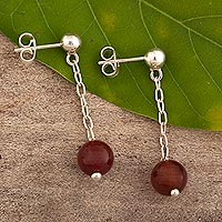 Carnelian dangle earrings, 'Soul Fire' - 925 Sterling Silver Carnelian Bead Dangle Earrings from Peru