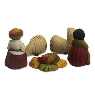 Krippenset aus Keramik, (5er-Set) - Anden-Krippenset aus Keramik mit Alpakas aus Peru