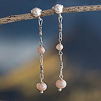 Cultured freshwater pearl dangle earrings, 'Intimate Connection' - Pink Cultured Freshwater Pearl Dangle Earrings from Peru