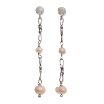 Cultured freshwater pearl dangle earrings, 'Intimate Connection' - Pink Cultured Freshwater Pearl Dangle Earrings from Peru
