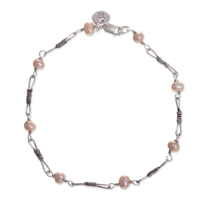 Cultured freshwater pearl link bracelet, 'Intimate Connection' - Pink Cultured Freshwater Pearl Link Bracelet from Peru