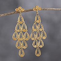 Gold-plated filigree chandelier earrings, 'Golden Drops' - 18k Gold-Plated Filigree Chandelier Earrings from Peru