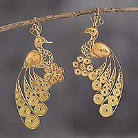 18k gold-plated bronze filigree earrings, 'Golden Peacocks' - 18k Gold Plated Bronze Filigree Peacock Earrings from Peru