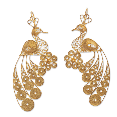 18k Gold Plated Bronze Filigree Peacock Earrings from Peru