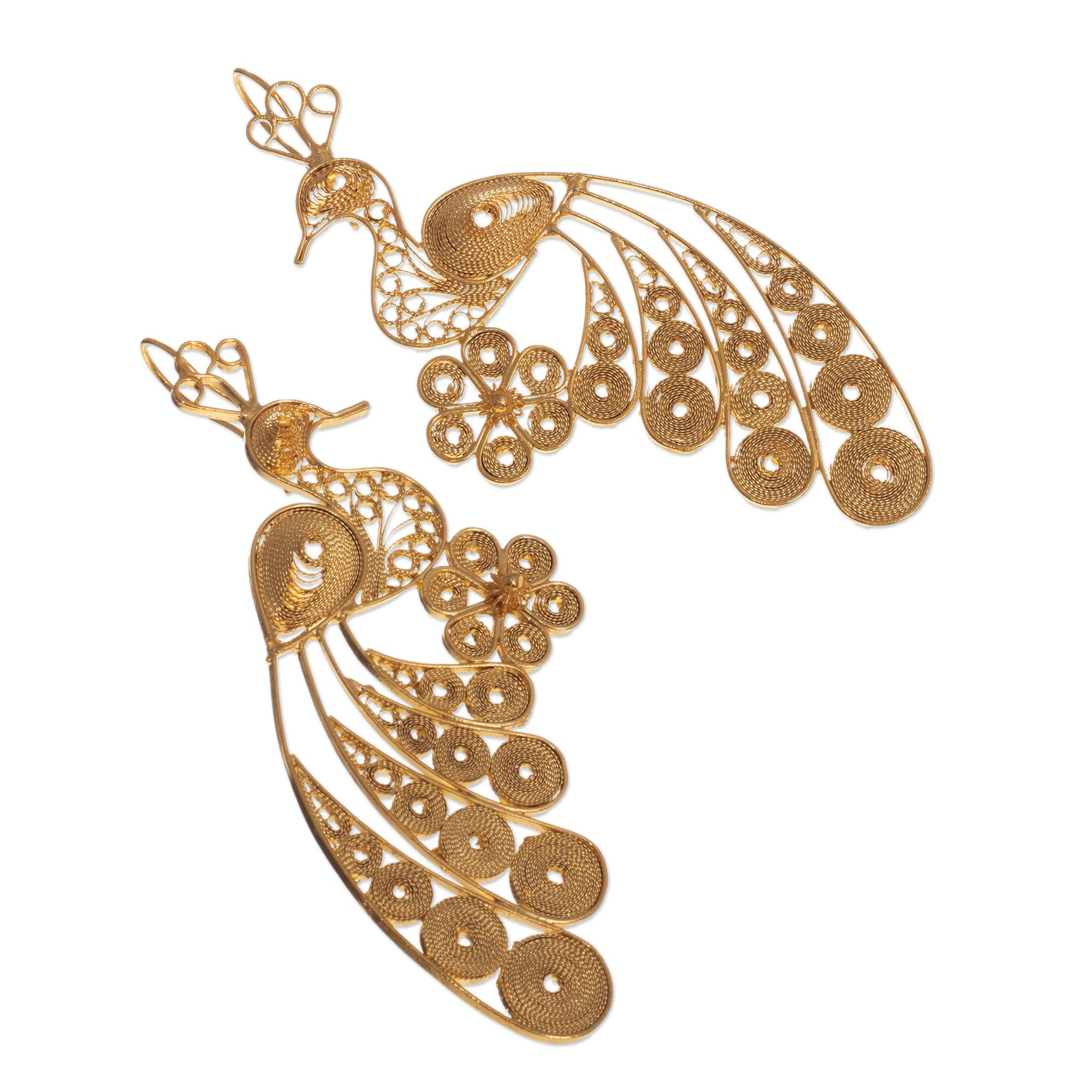 18k Gold Plated Bronze Filigree Peacock Earrings from Peru - Golden ...