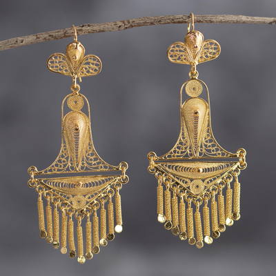 Pendientes candelabro de filigrana bañados en oro - Aretes tipo candelabro chapados en oro de 18k hechos a mano en Perú