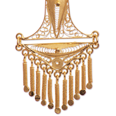 Gold-plated filigree chandelier earrings, 'Hanging Bells' - Handcrafted 18k Gold-Plated Chandelier Earrings from Peru