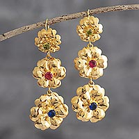 18k gold-flashed dangle earrings, 'Gold Bouquet' - 18k Gold Flashed Zirconia Floral Dangle Earrings from Peru