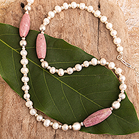 Rhodonite and cultured pearl strand necklace, 'Glamorous Style'