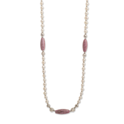 Rhodonite and cultured pearl strand necklace, 'Glamorous Style' - Cultured Pearls and Rhodonite Necklace from Peru