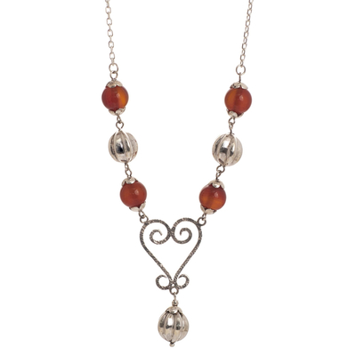 Carnelian pendant necklace, 'Carnelian Heart' - Carnelian Beaded Pendant Necklace from Peru
