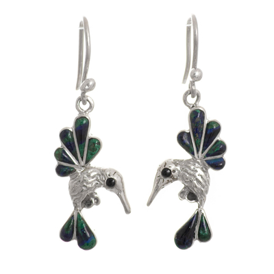 Azurite and Onyx Hummingbird Dangle Earrings from Peru