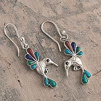 Multi-gemstone dangle earrings, 'Rainbow Hummingbirds' - Gemstone Combo Hummingbird Dangle Earrings from Peru
