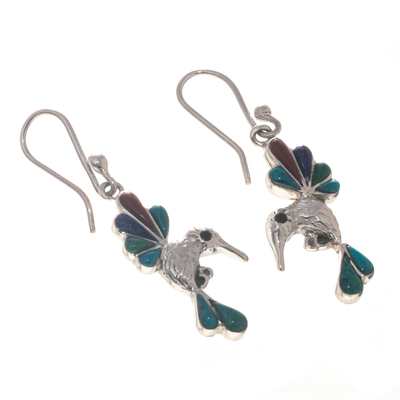 Pendientes colgantes de piedras preciosas múltiples, 'Rainbow Hummingbirds' - Pendientes colgantes de colibrí combinados con piedras preciosas de Perú