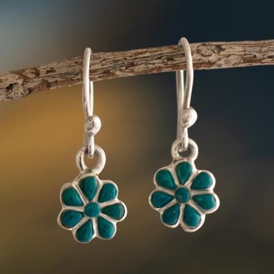 Chrysocolla and silver flower dangle earrings, Teal Mountain Flowers