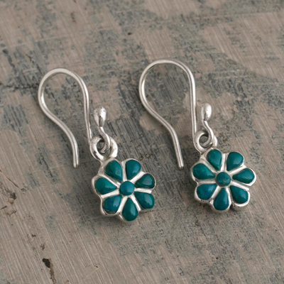 Chrysocolla and silver flower dangle earrings, 'Teal Mountain Flowers' - Chrysocolla and 950 Silver Floral Dangle Earrings from Peru
