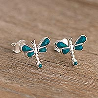 Chrysocolla and silver post earrings, 'Chrysocolla Dragonfly' - Chrysocolla and 950 Silver Dragonfly Post Earrings from Peru