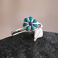 Chrysocolla and lapis lazuli cocktail ring, 'Valley Flower in Teal' - Chrysocolla and Lapis Lazuli Silver Floral Ring from Peru