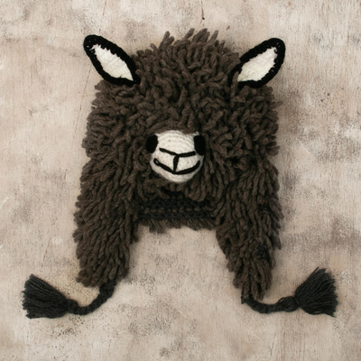 Wool blend hat, 'Grey Llama' - Furry Dark Grey Llama Wool Blend Beanie Hat from Peru