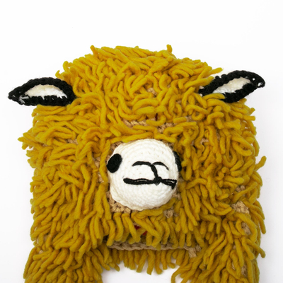 Wool blend hat, 'Mustard Llama' - Furry Ochre Llama Wool Blend Beanie Hat from Peru