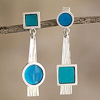 Sterling silver dangle earrings, 'Blue Contrast' - Textured Sterling Silver Dangle Earrings from Peru