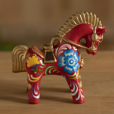 Ceramic figurine, 'Red Pucara Horse' - Hand Painted Ceramic Pucara Horse Figurine from Peru