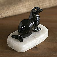 Onyx sculpture, 'Seal' - Black and White Onyx Seal Sculpture from Peru