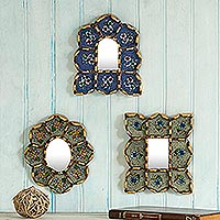 Reverse-painted glass wall accent mirrors, 'Andean Reflection' (set of 3) - Set of 3 Wall Accent Mirrors in Reverse Painting from Peru