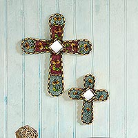 Reverse-painted glass wall crosses, 'Faithful Crosses' (pair) - Reverse-Painted Wall Crosses from Peru (Pair)