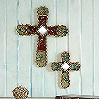 Reverse-painted glass wall crosses, 'Light of the Sierra' (pair) - Reverse Painted Glass Cross Mirrors (Set of 2) from Peru