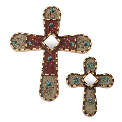 Reverse Painted Glass Cross Mirrors (Set of 2) from Peru