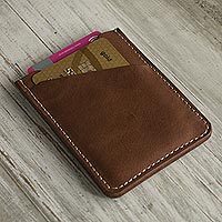 Leather card holder, 'Weekender in Camel' - Two Slot Camel Brown Leather Card Holder from Peru